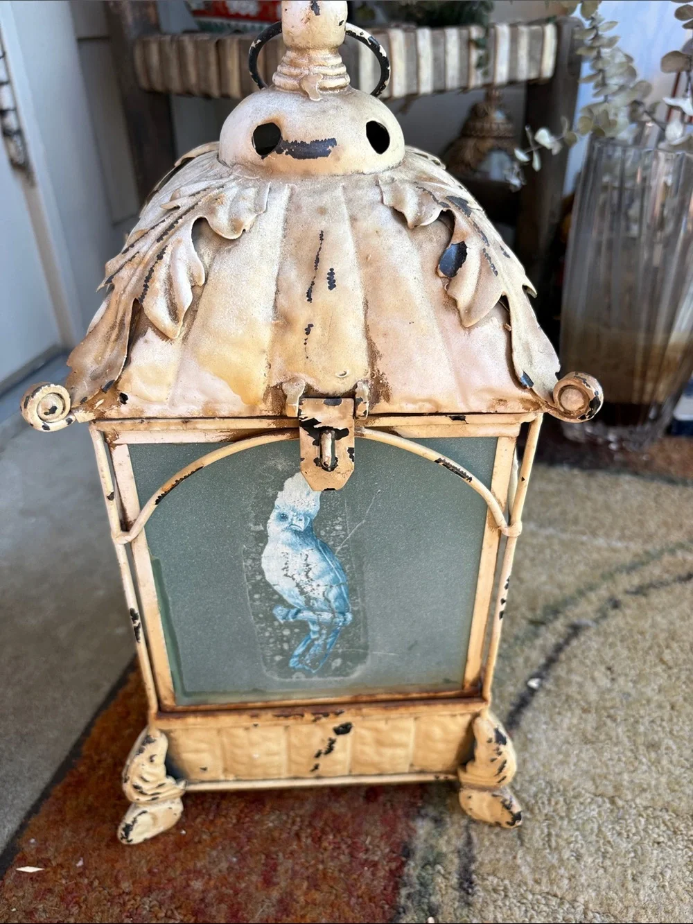 Antique Cream and Black Owl Panel Decorative Lantern